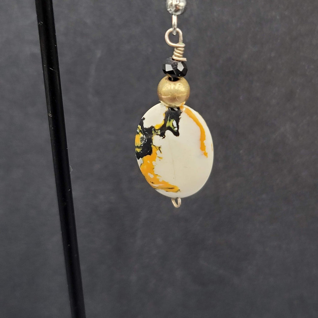 Pierced Earrings Silver tone Black White Yellow Art Glass Oval Bead Dangle 1.25"