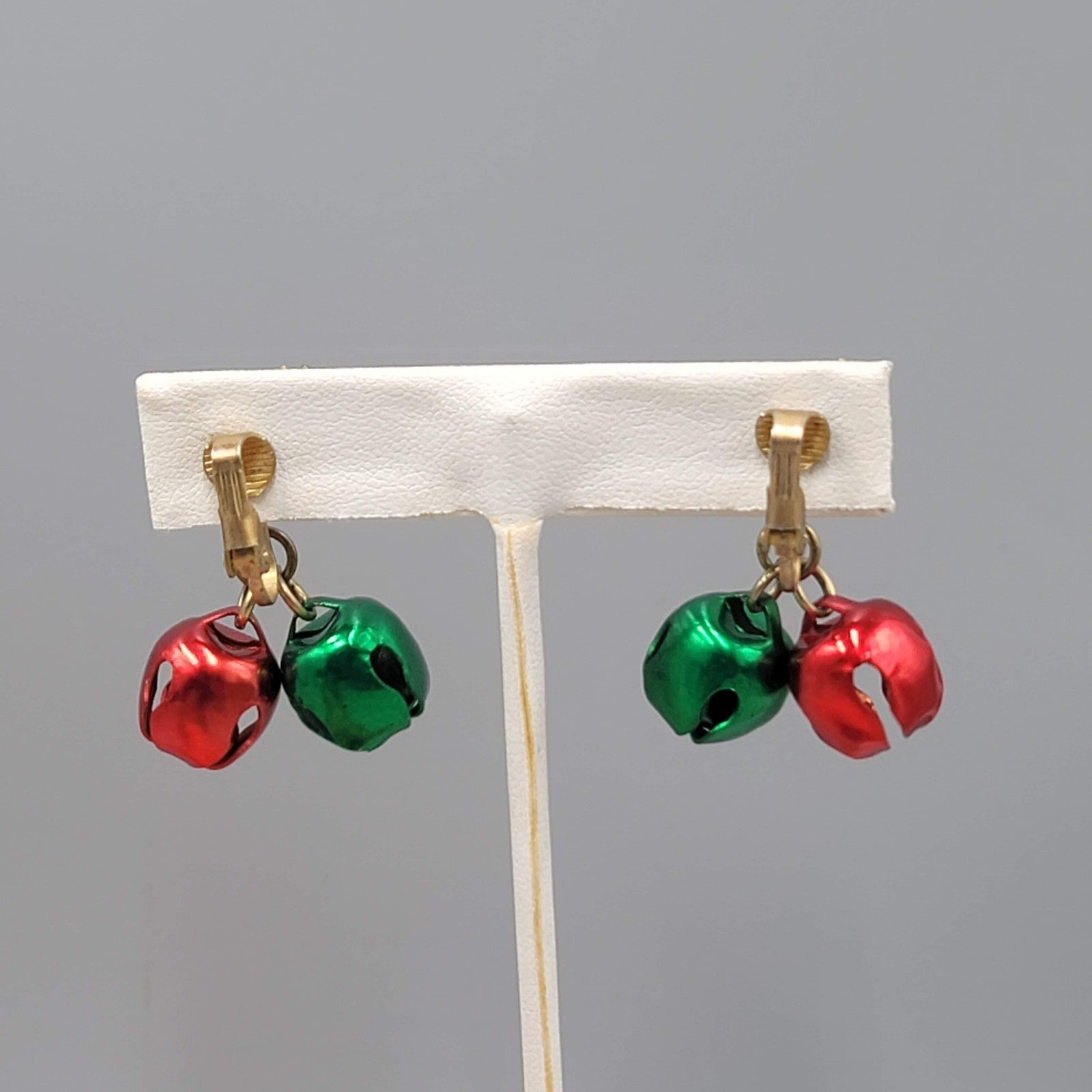 Vintage Christmas Bow Bells Clip on Earrings Gold tone Dangle 1.5"