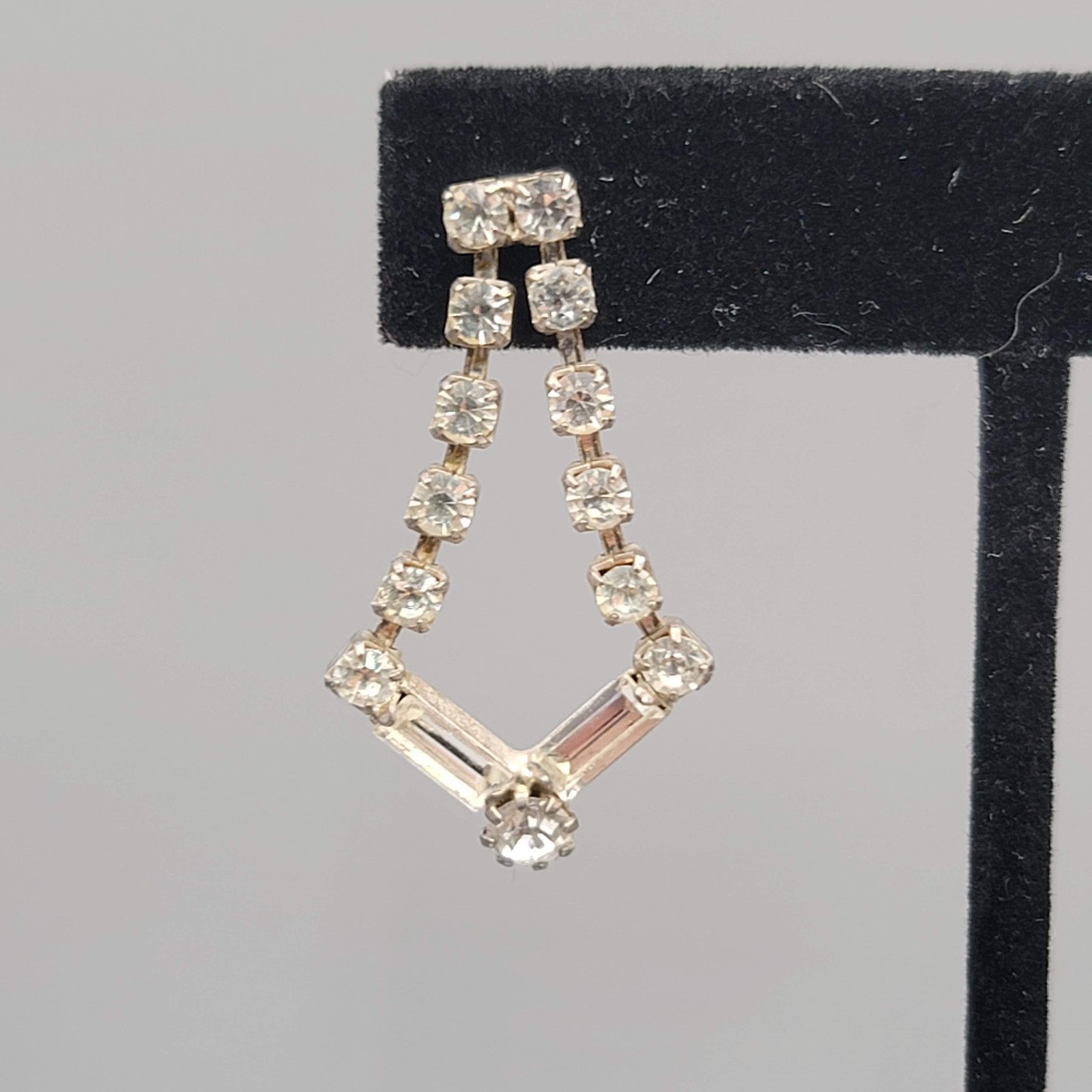 Vintage Clear Rhinestone Pierced Earrings Silver tone Dangle Open Work 1.25 in