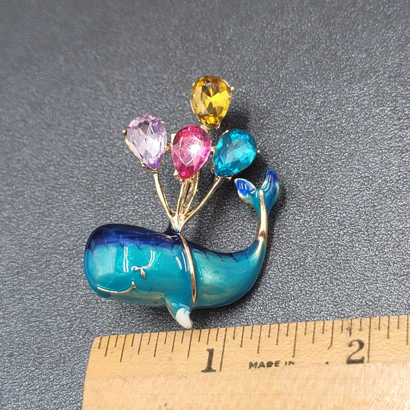 Crystal Rhinestone Whale Brooch Blue Enamel Multi Color Balloons 1 7/8"