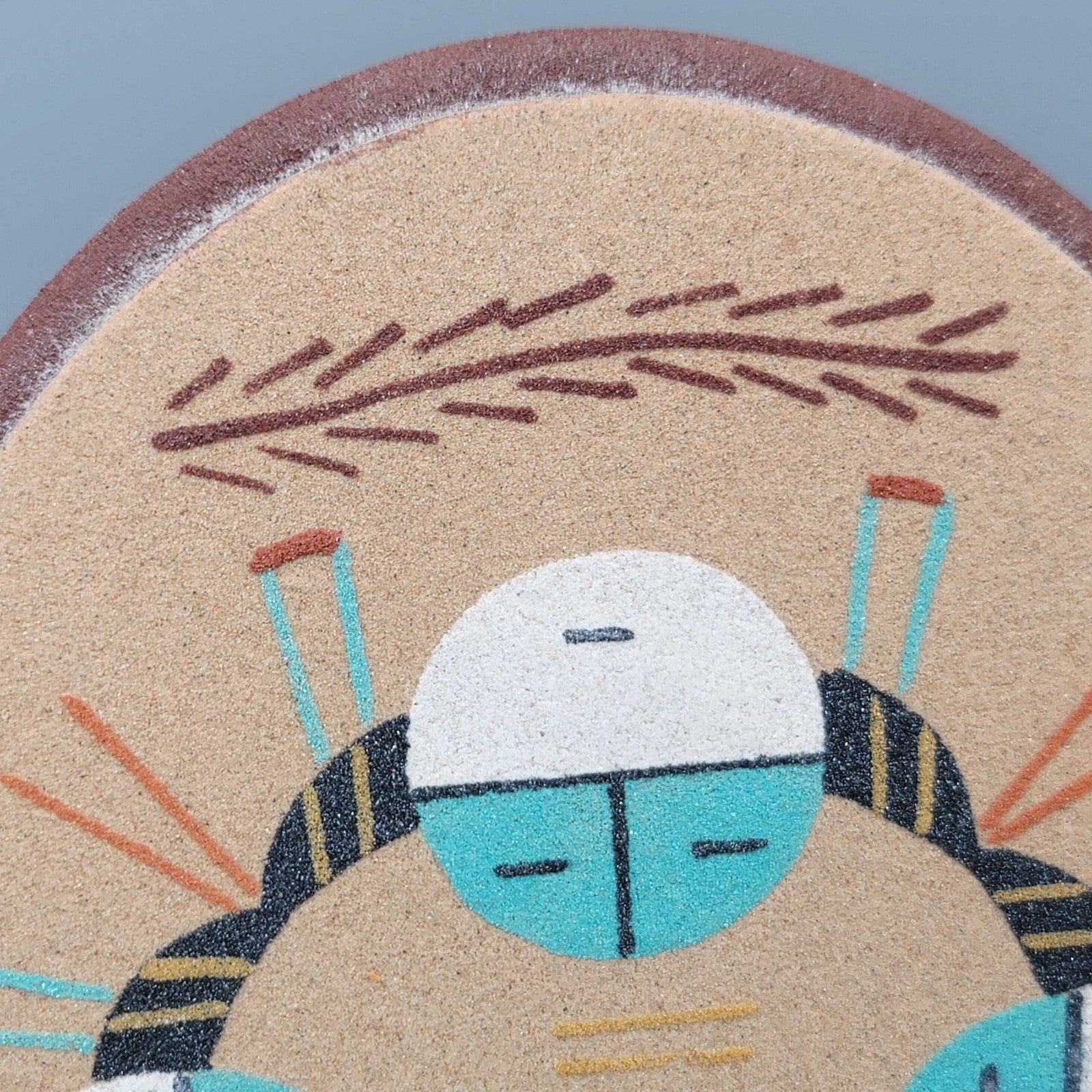 Vintage Navajo Sand Art Painting Wooden Base Signed Oval Houses of the Sun