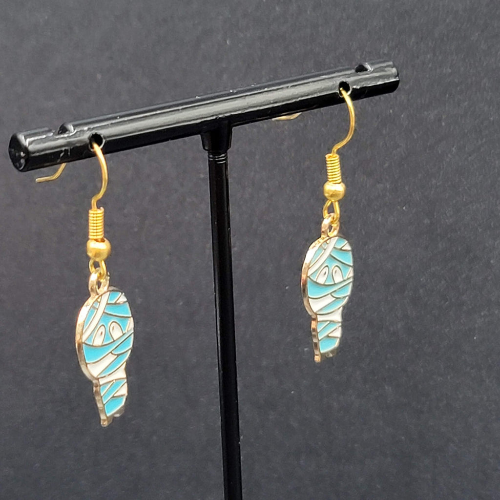 Halloween Mummy Pierced Earrings Gold tone Enamel Dangle 7/8"