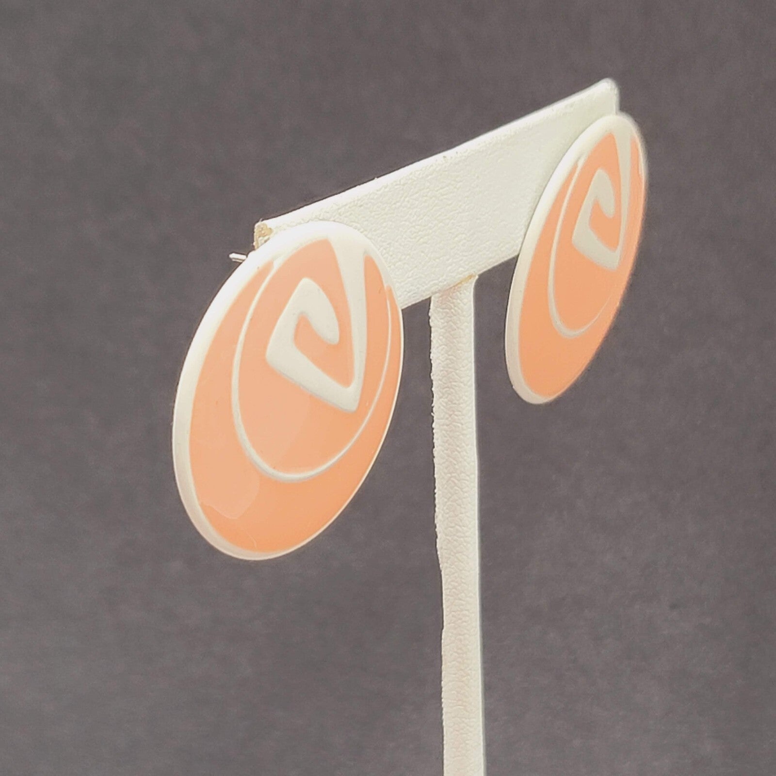 Vintage Pierced Earrings Peach White Enamel over Metal Round Drop 1.25"