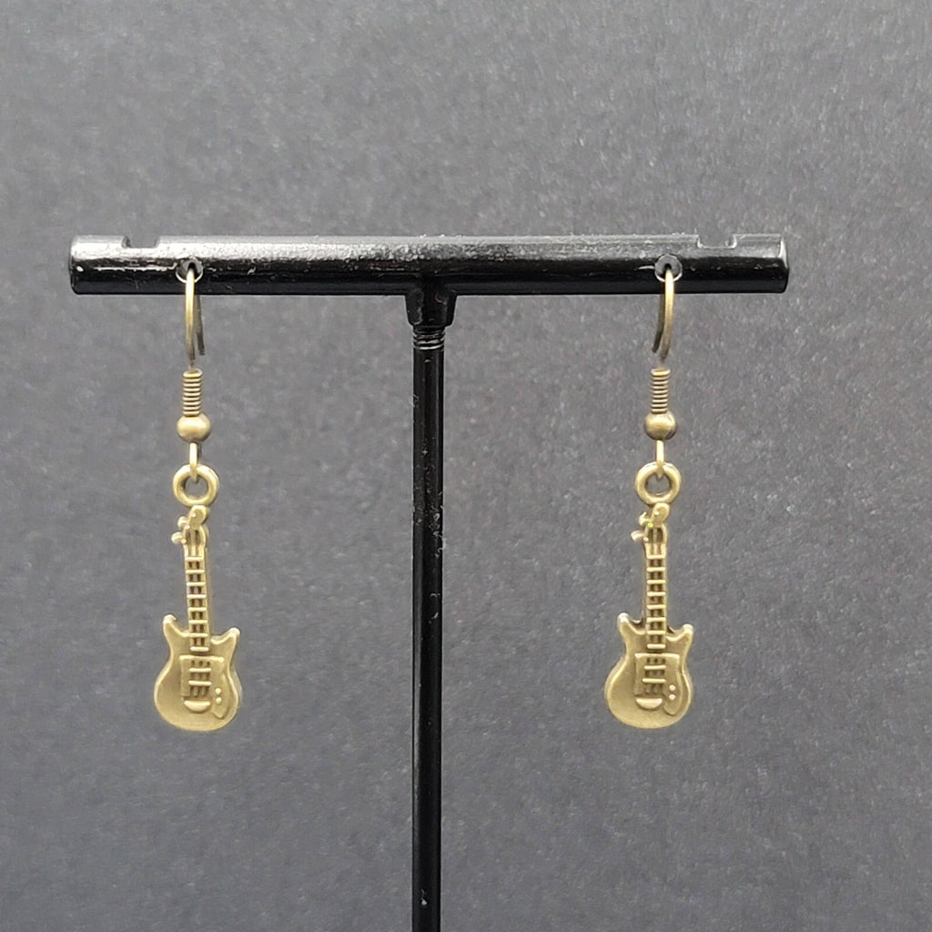 Electric Guitar Pierced Earrings Bronze tone Embossed Dangle 1"