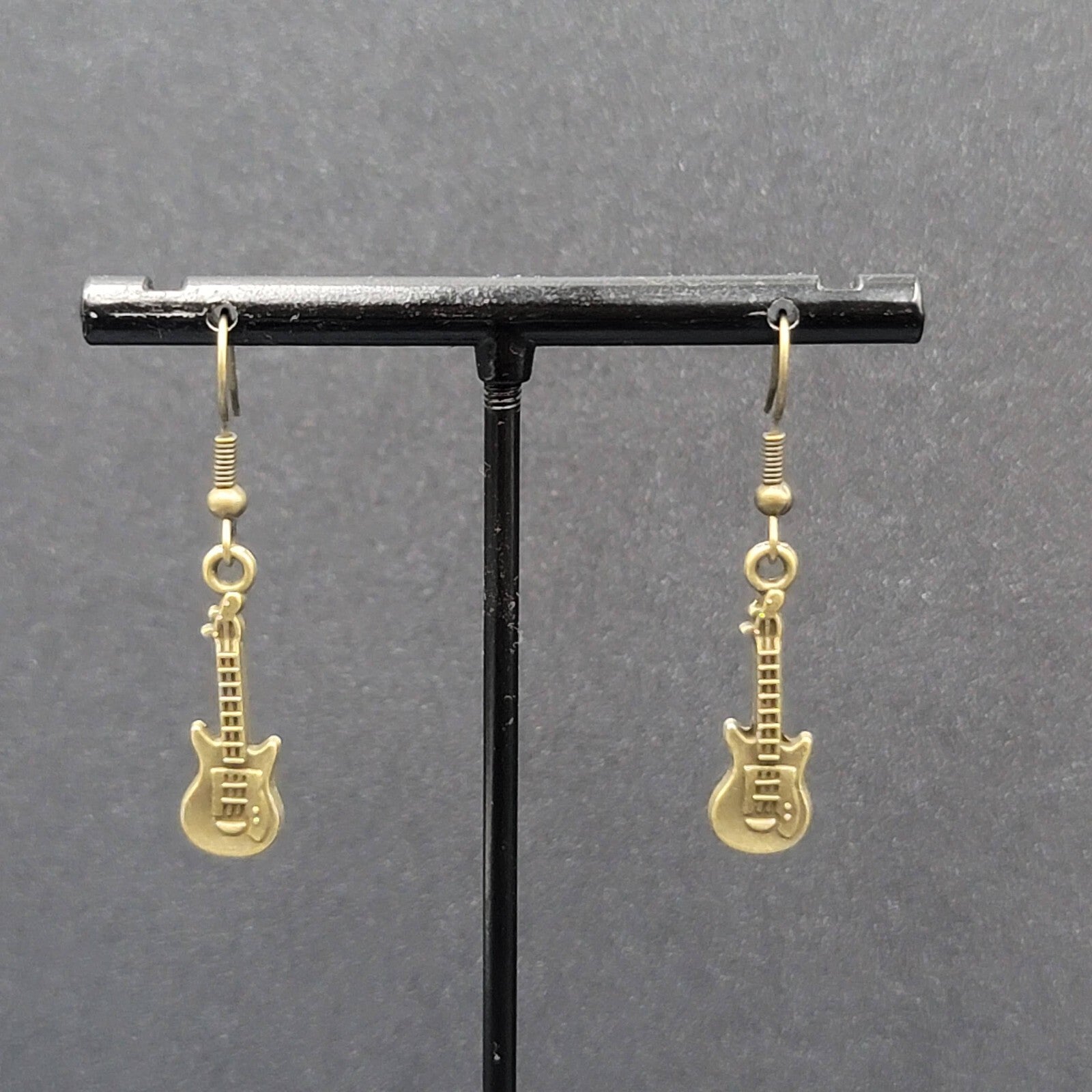 Electric Guitar Pierced Earrings Bronze tone Embossed Dangle 1"