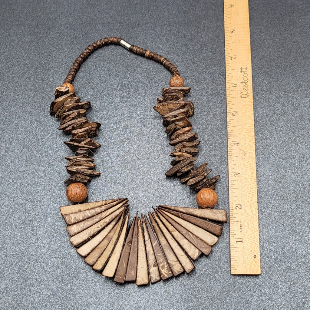Vintage Coir Coconut Beads Necklace Brown Boho Ethnic Statement 19"