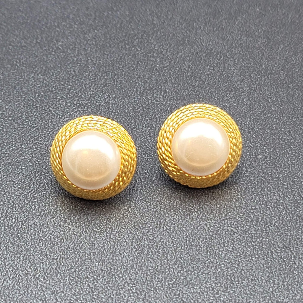 Vintage Pierced Earrings Gold Plated White Round Cabochon Studs 5/8"
