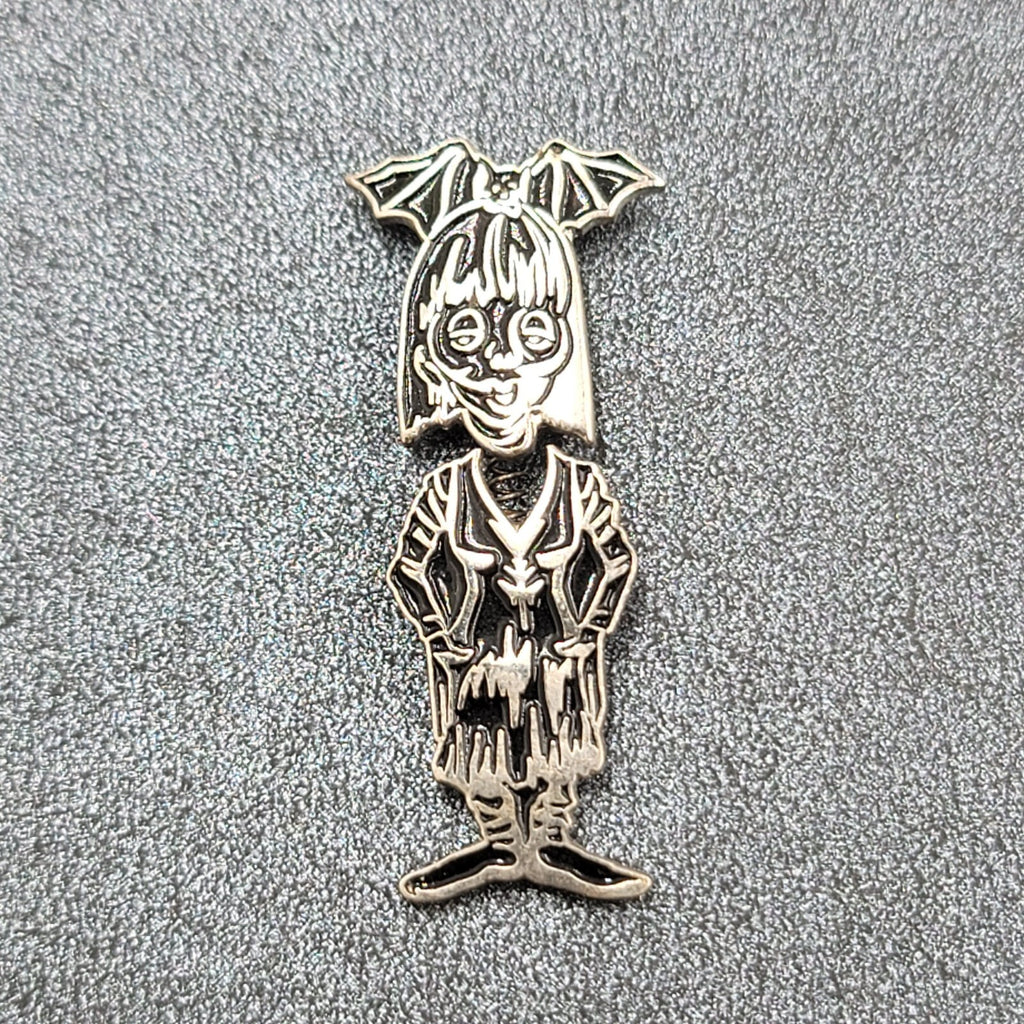 Bobble Head Bat Girl Lapel Pin Black Silver Oddity Goth Punk Rock