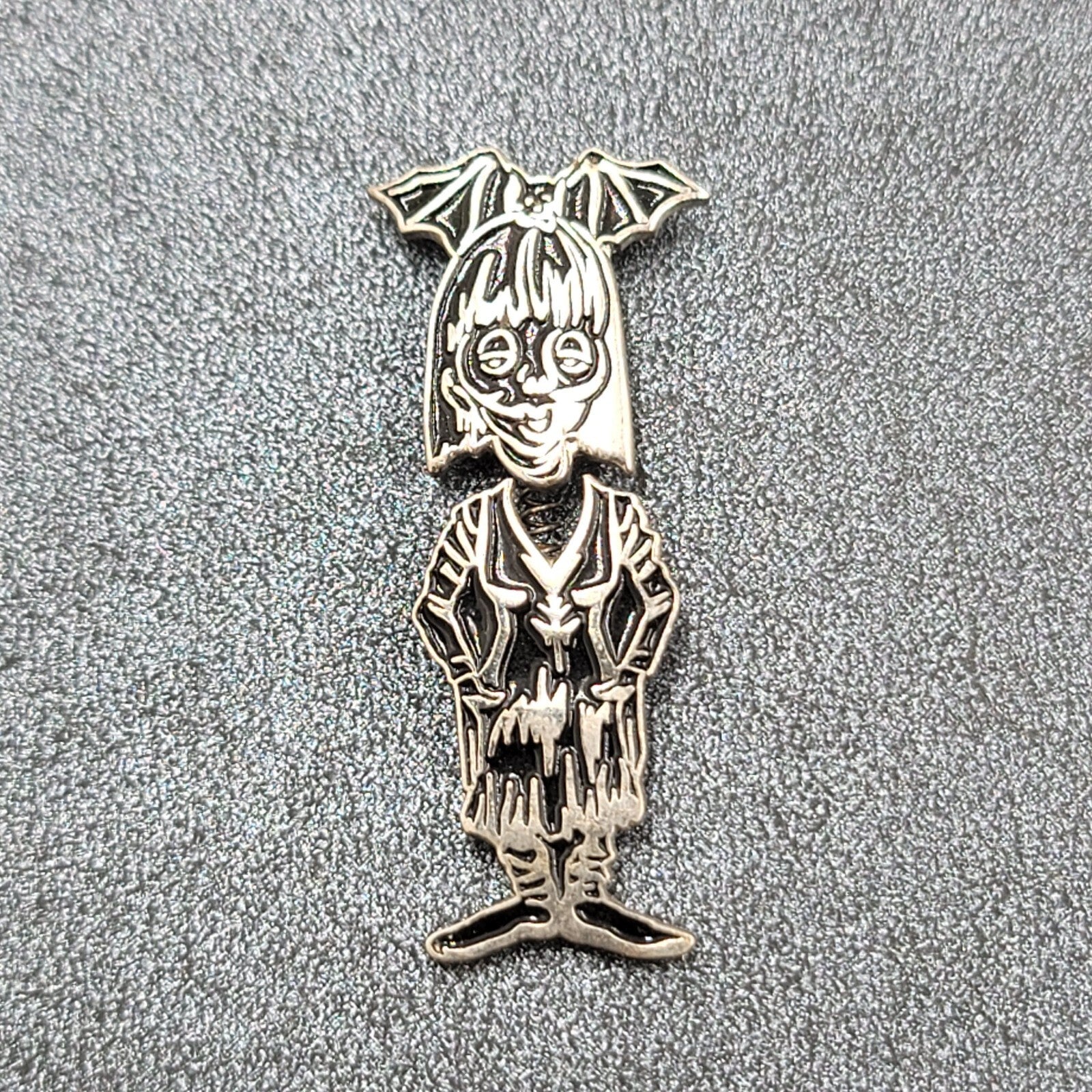 Bobble Head Bat Girl Lapel Pin Black Silver Oddity Goth Punk Rock