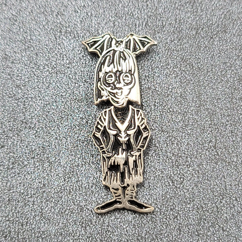 Bobble Head Bat Girl Lapel Pin Black Silver Oddity Goth Punk Rock