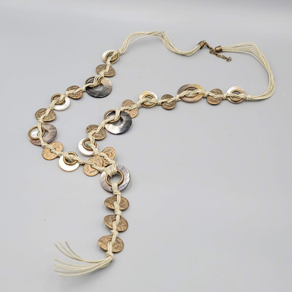 Shell Disc Necklace Cord Long Statement Bronze tone 32"