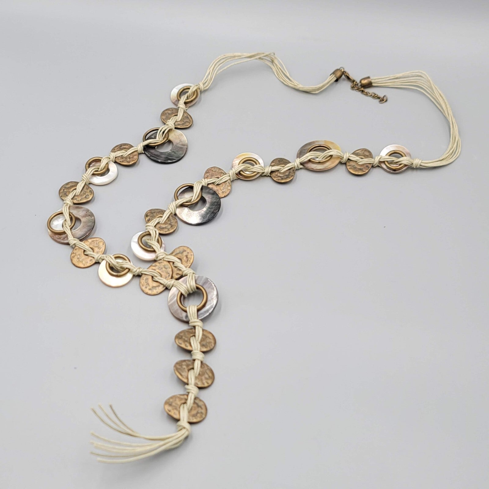 Shell Disc Necklace Cord Long Statement Bronze tone 32"