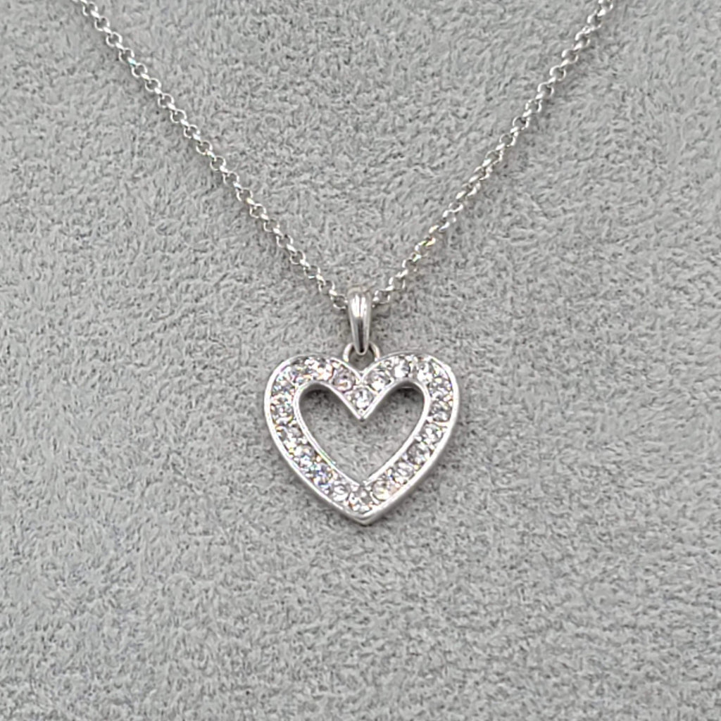 Open Heart Crystal Pendant Necklace Silver tone 16"-20"