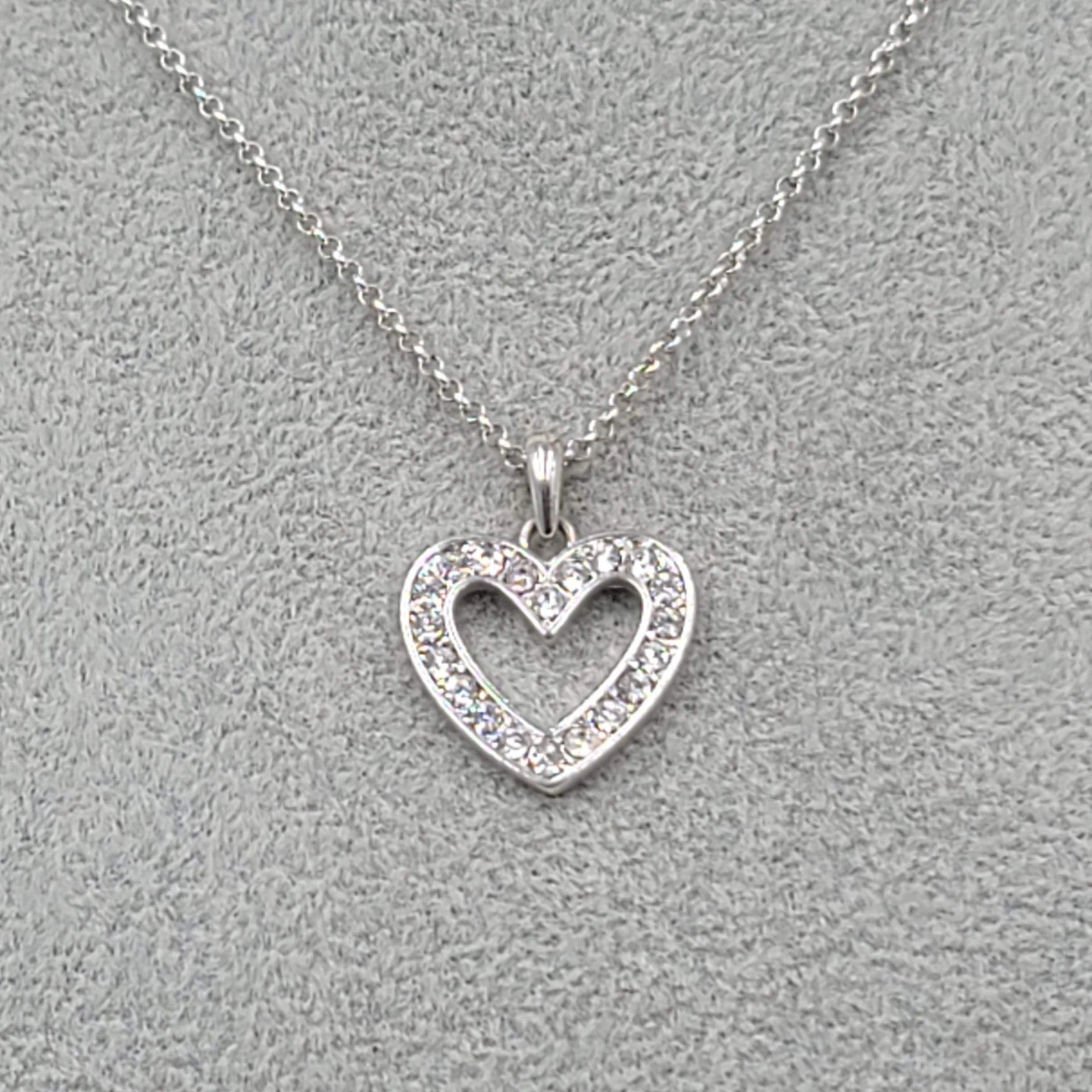 Open Heart Crystal Pendant Necklace Silver tone 16"-20"