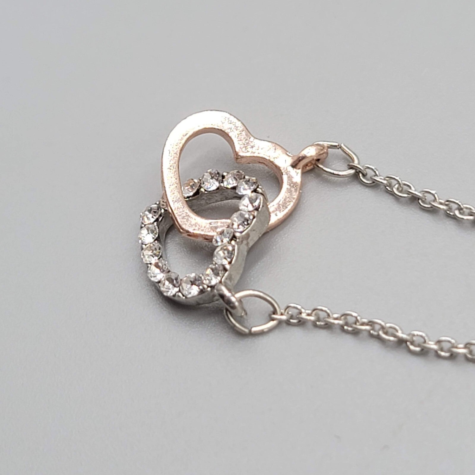 Double Heart Necklace Silver tone Two Toned Crystal 18"