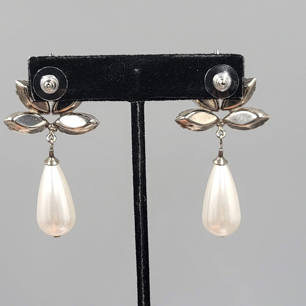 Vintage Statement Pierced Earrings Large AB Rhinestone Faux Pearl Teardrop 2.25"
