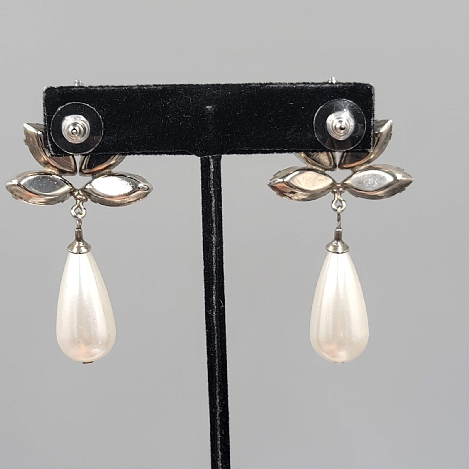 Vintage Statement Pierced Earrings Large AB Rhinestone Faux Pearl Teardrop 2.25"