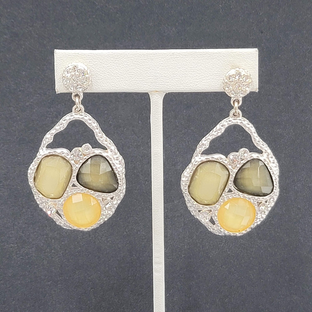 Pierced Earrings Silver tone Green Acrylic Rhinestone Statement Dangle 2.25"