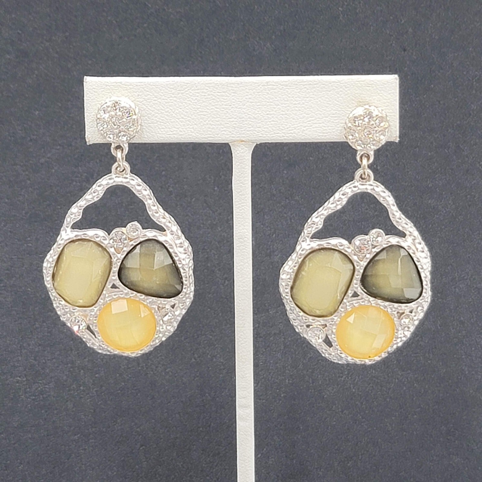 Pierced Earrings Silver tone Green Acrylic Rhinestone Statement Dangle 2.25"