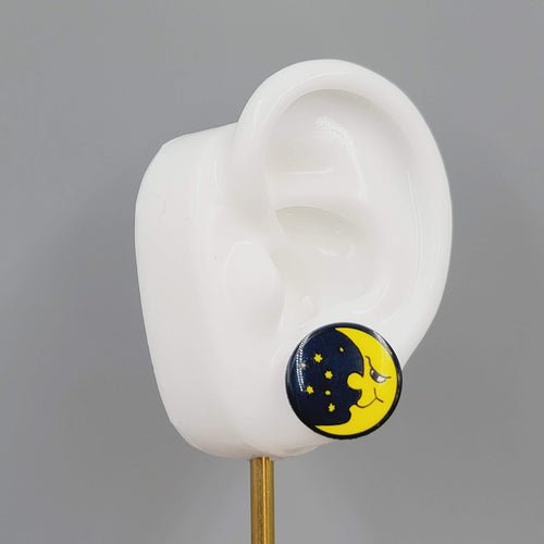 Crescent Moon Pierced Earrings Man in the Moon Round Night Sky 5/8"