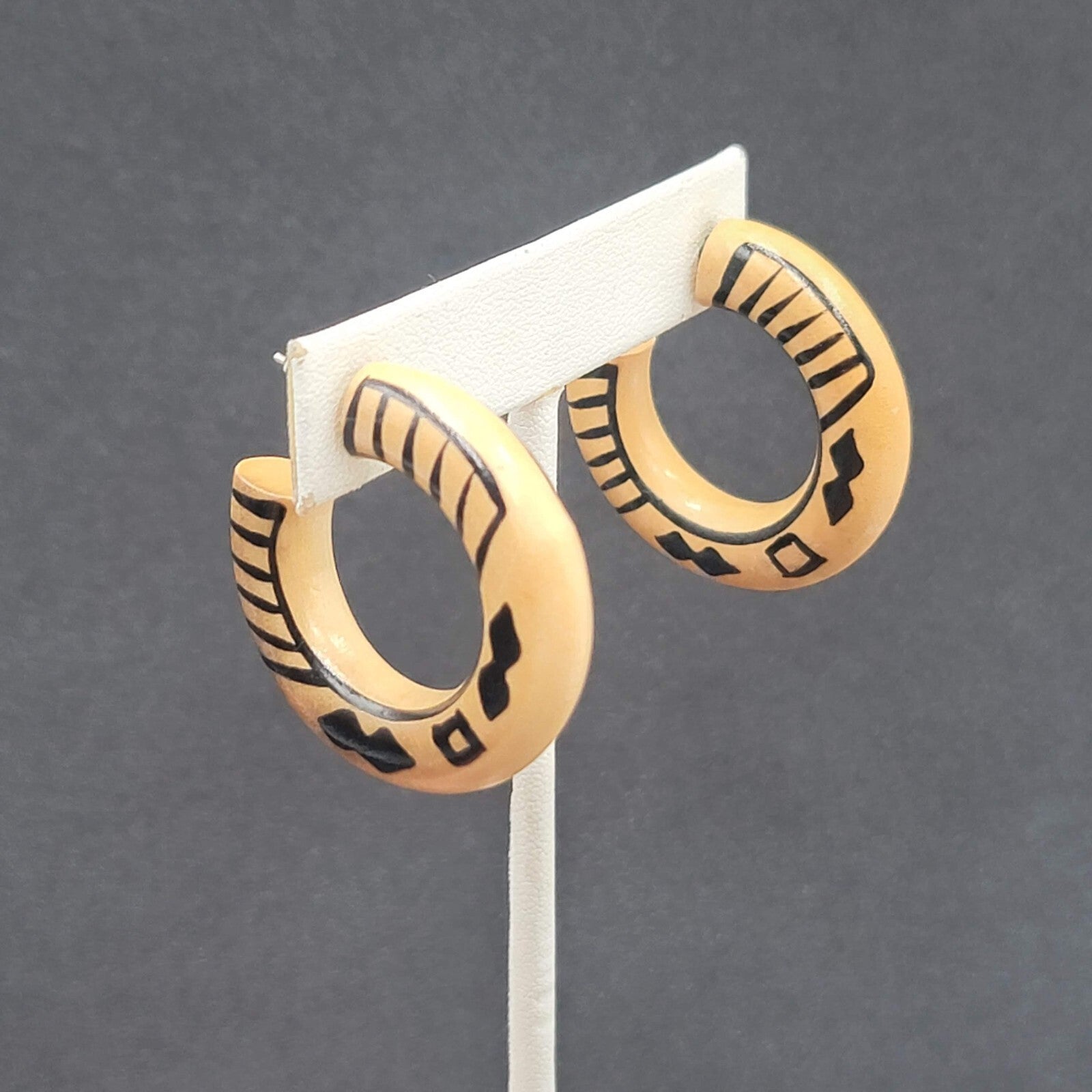 Vintage Pierced Earrings Wood Hoops Hand Painted Black 1 3/8"