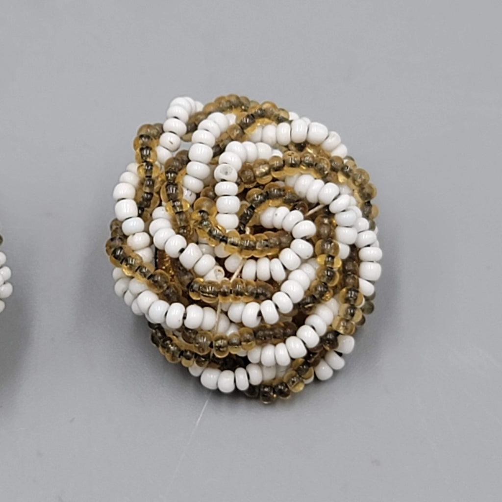 Vintage Green White Seed Bead Knot Clip on Earrings 7/8"