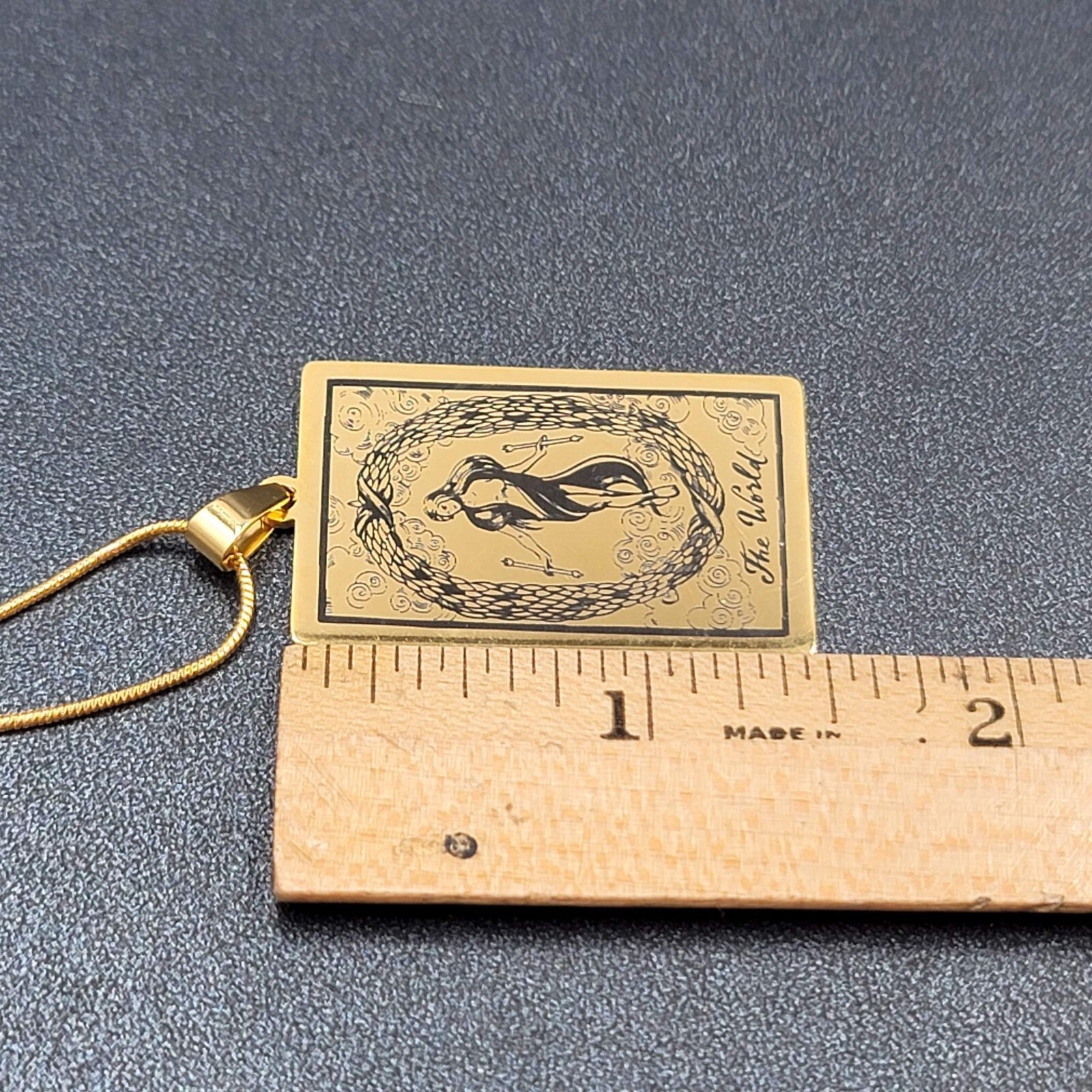 The WORLD Tarot Card Pendant Necklace Major Arcana Gold tone 18”.