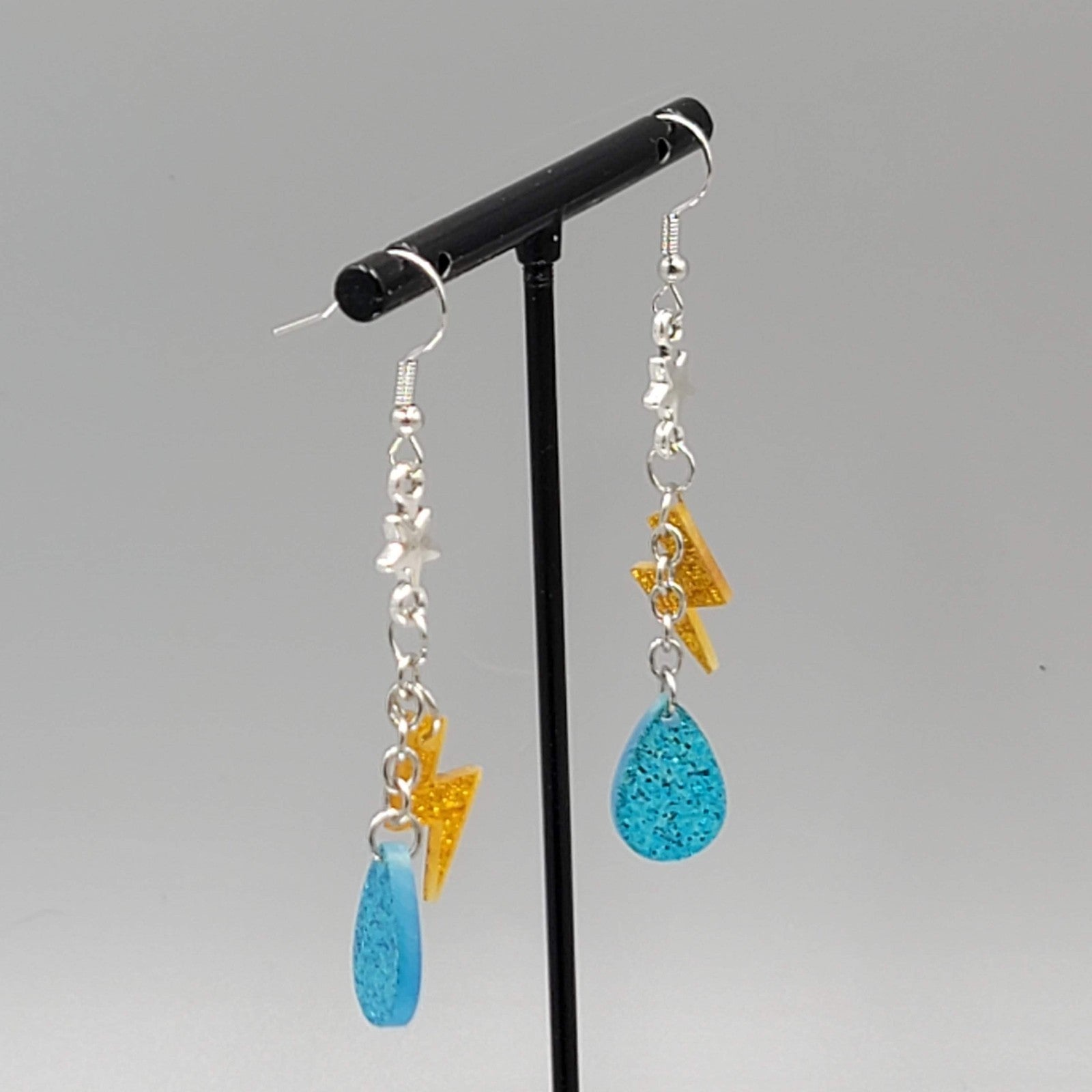 Rain Lighting Dangle Pierced Earrings Silver tone 1.75"