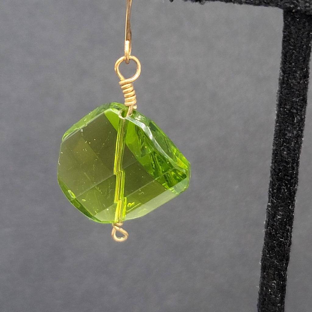 Pierced Earrings Copper tone Green Art Glass Faceted Bead 1.25"