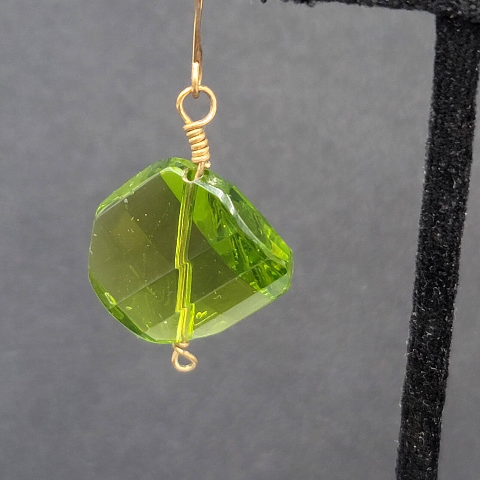 Pierced Earrings Copper tone Green Art Glass Faceted Bead 1.25"