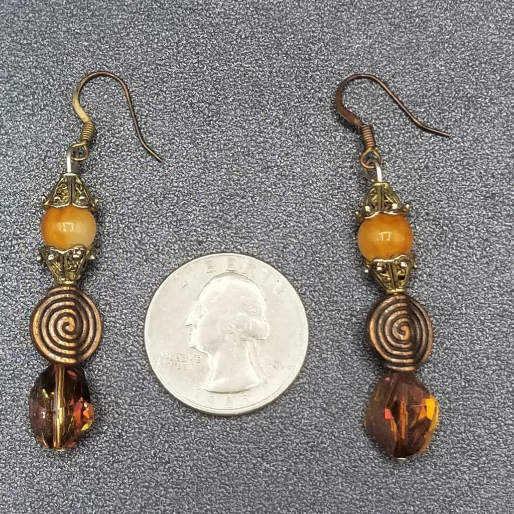 Pierced Earrings Coppertone Metal Faceted Crystal Beaded Dangle 1 1/2"