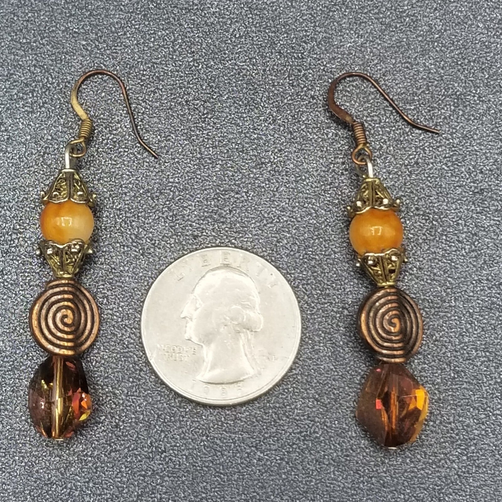 Pierced Earrings Coppertone Metal Faceted Crystal Beaded Dangle 1 1/2"