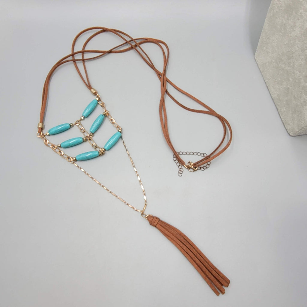 LONG Leather Southwest Style Necklace Blue Bead 40"