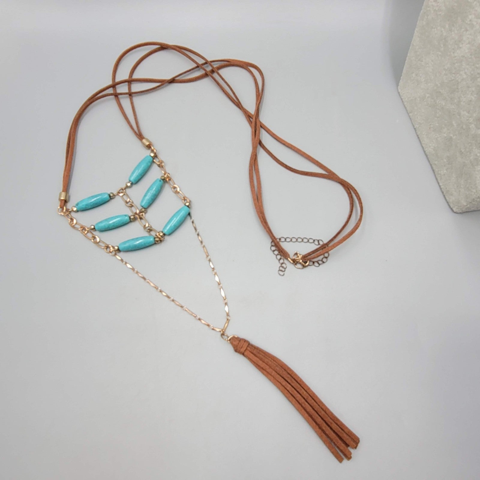 LONG Leather Southwest Style Necklace Blue Bead 40"