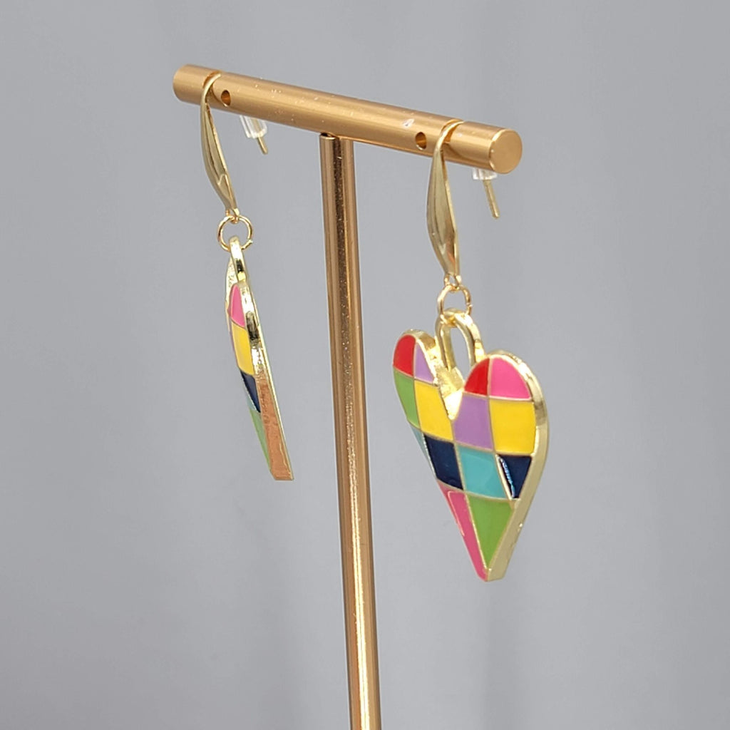 Multicolor Enamel Checkered Heart Pierced Earrings Gold tone Dangle Large 1.5"