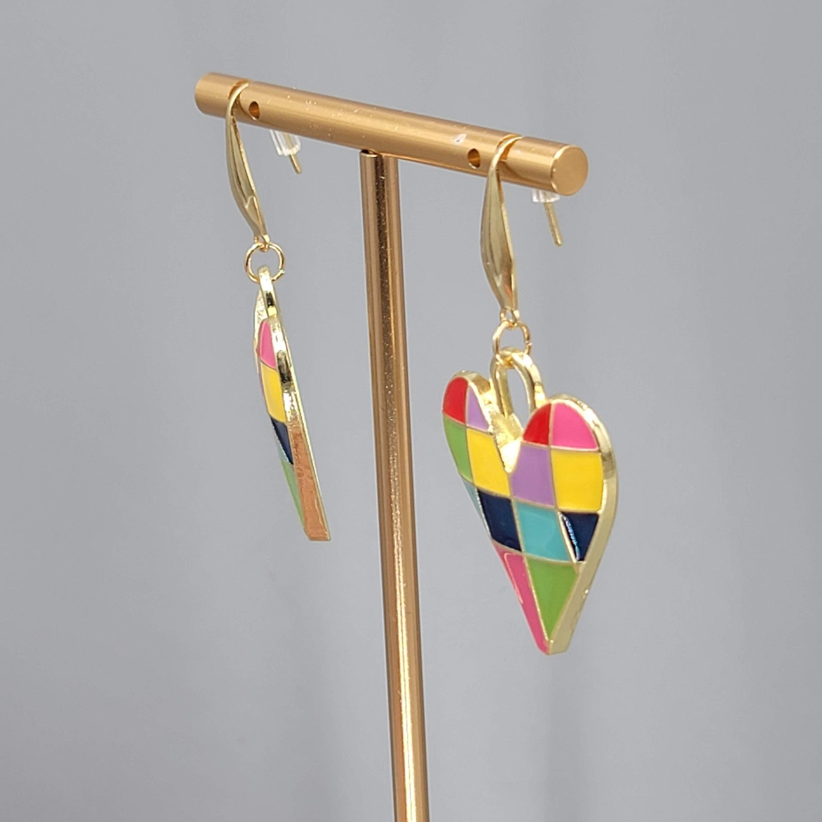 Multicolor Enamel Checkered Heart Pierced Earrings Gold tone Dangle Large 1.5"