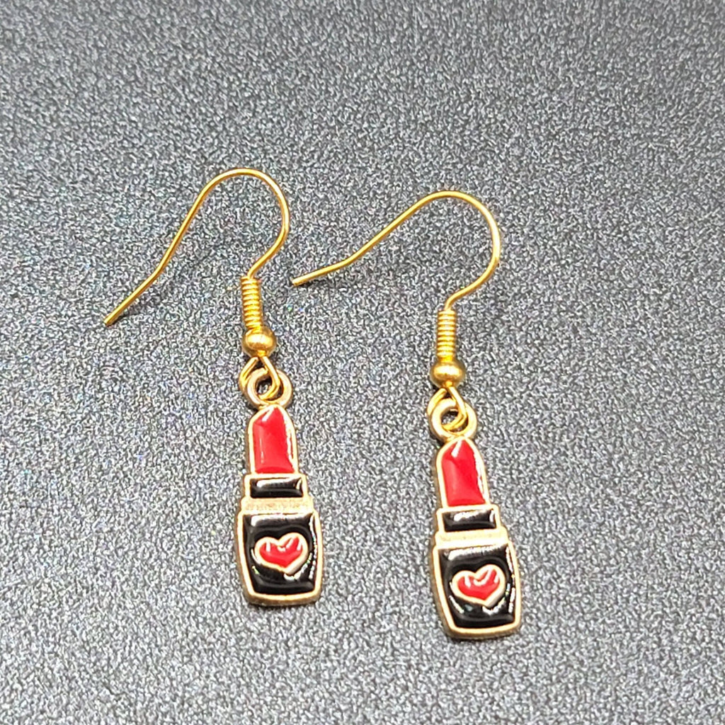 Lipstick Pierced Earrings Gold tone Red Heart Black Enamel Dangle 3/4"