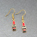 Lipstick Pierced Earrings Gold tone Red Heart Black Enamel Dangle 3/4"