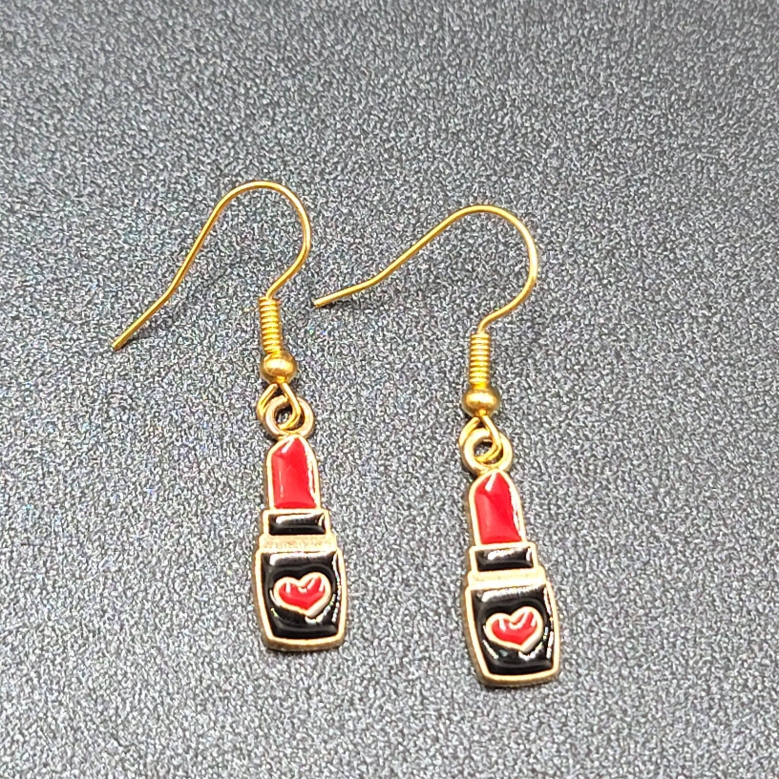 Lipstick Pierced Earrings Gold tone Red Heart Black Enamel Dangle 3/4"
