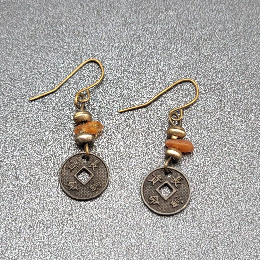 Pierced Earrings Beaded Asian Coin Dangle 1"