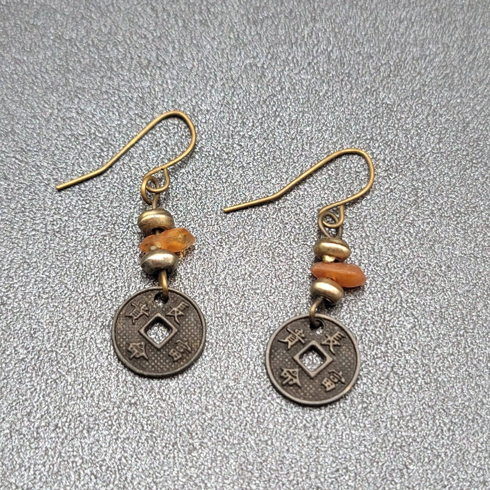 Pierced Earrings Beaded Asian Coin Dangle 1"