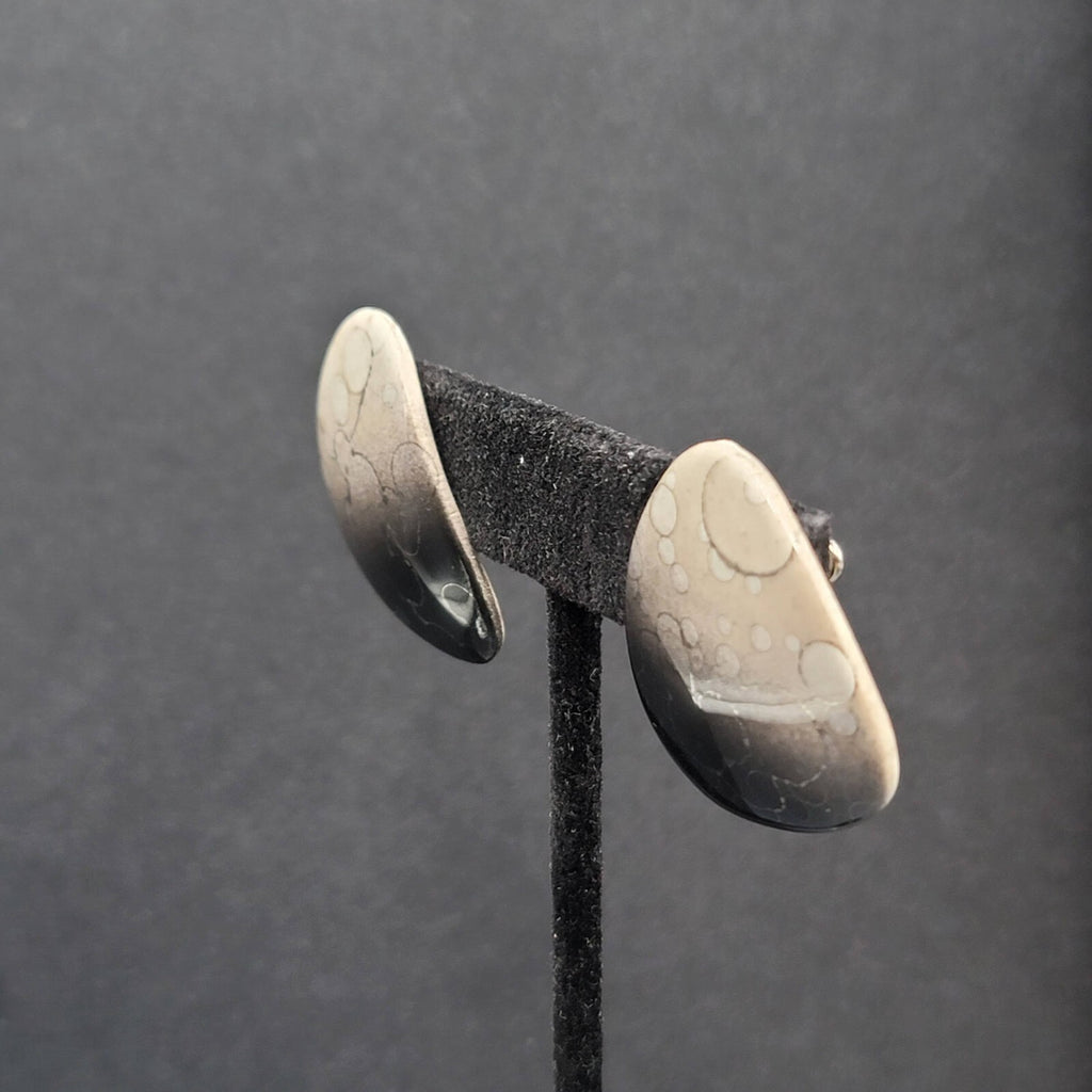 Vintage Pierced Earrings Black White Ceramic Geometric Drop 1.25"