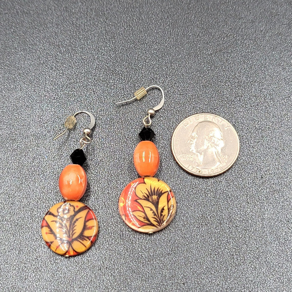 Pierced Earrings Orange Black Beads Flower Mother of Pearl Dangle 1 5/8"