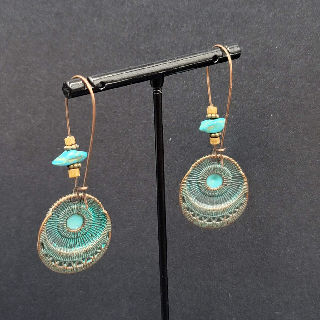 New Boho Pierced Earrings Faux Green Patina Copper tone Turquoise Bead 2.5"