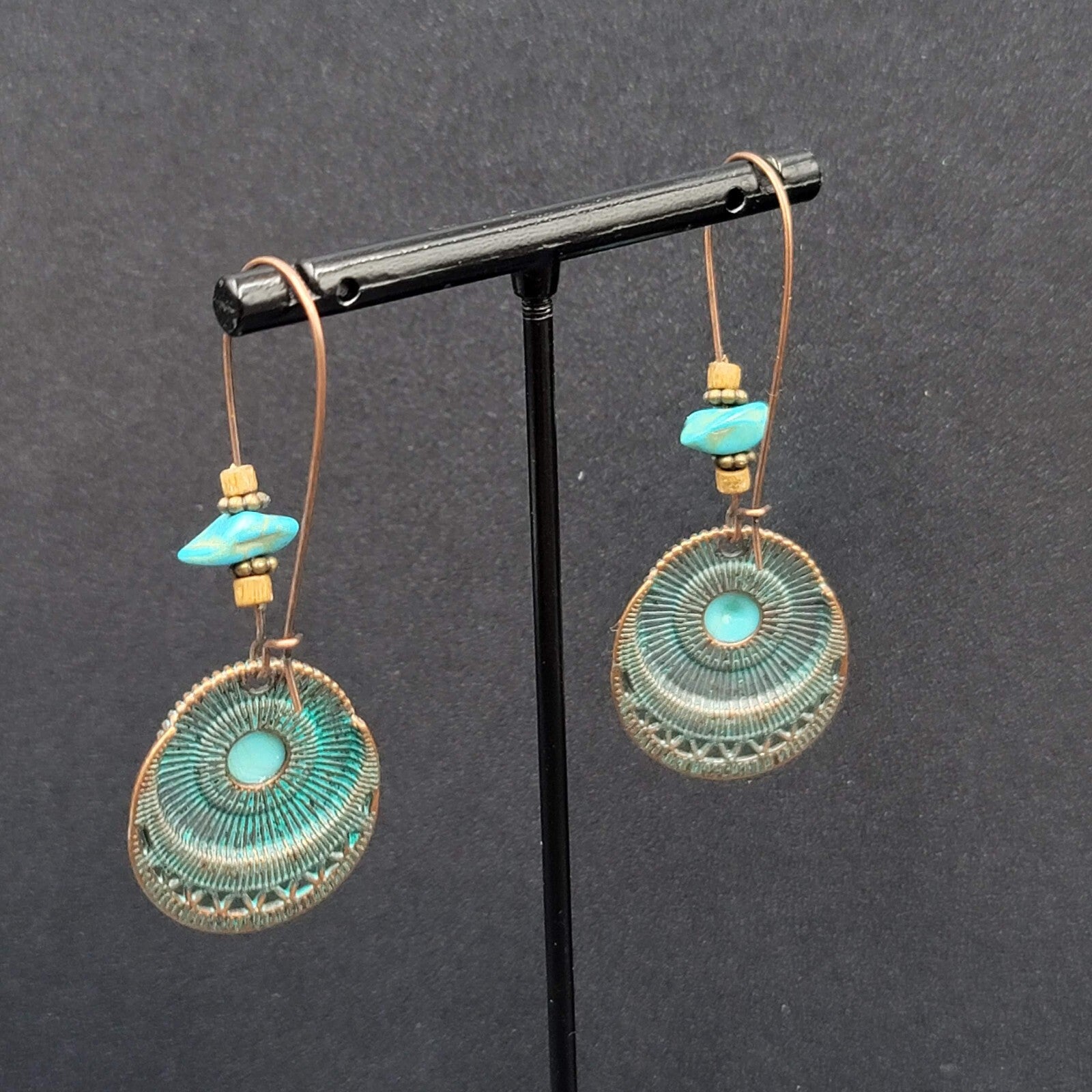 New Boho Pierced Earrings Faux Green Patina Copper tone Turquoise Bead 2.5"