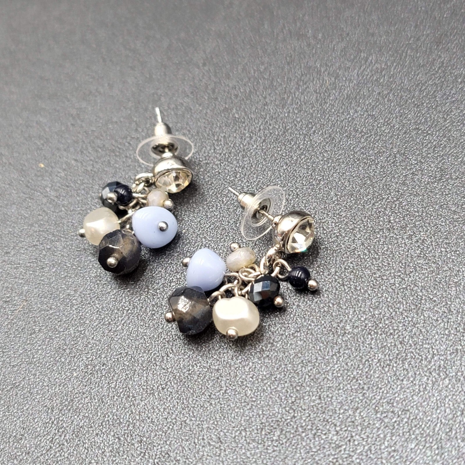 Pierced Earrings Silver tone Crystal Glass Pearl Beads Blues Dangle 1.25"