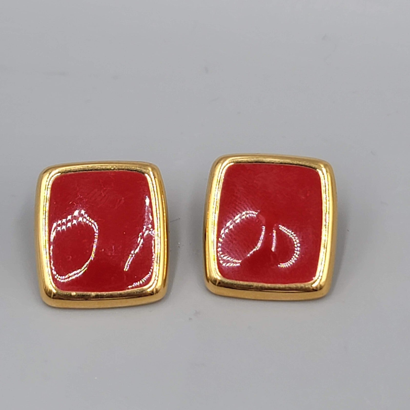 Vintage Monet Pierced Earrings Red Enamel Gold Plated Rectangle Drop 7/8"