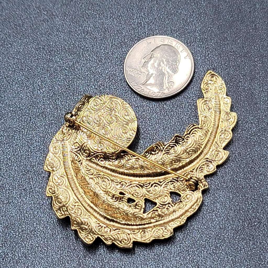 Vintage Brooch Pin Jewelry Costume Leaf Imitation Pearl Gold tone 2.75"