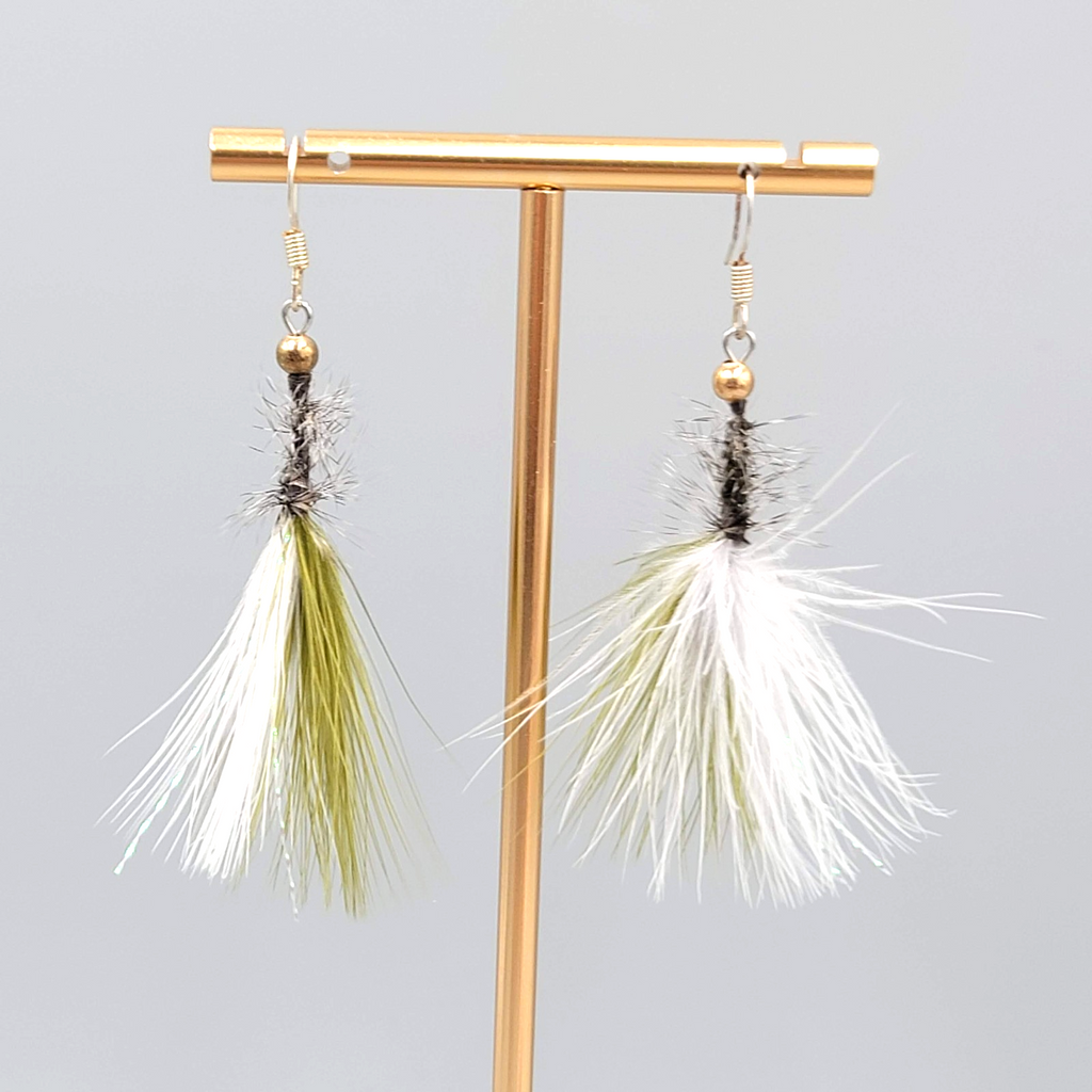 Artisan Pierced Earrings Feather Fly Tie Fishing Dangle Green White 2"