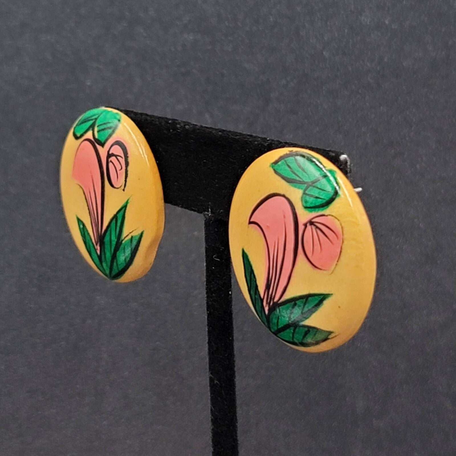 Vintage Pierced Earrings Round Wood Hand Painted 1 1/8"